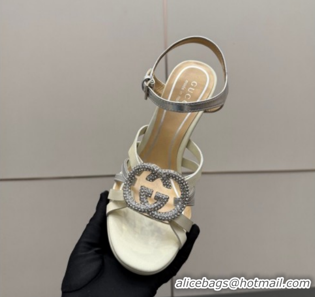 Good Looking Gucci Calf Leather Platform Sandals with Strass Interlocking G 852355 White/Silver 2026