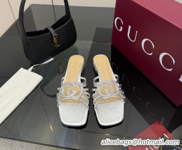 Discount Gucci Metallic Leather Flat Slides Sandal with Strass Interlocking G 8523570 Silver 2026