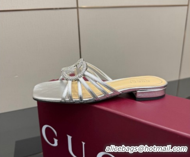Discount Gucci Metallic Leather Flat Slides Sandal with Strass Interlocking G 8523570 Silver 2026