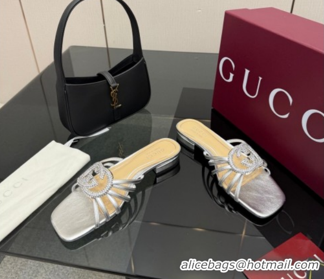 Discount Gucci Metallic Leather Flat Slides Sandal with Strass Interlocking G 8523570 Silver 2026