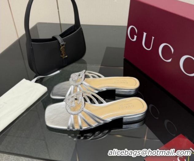 Discount Gucci Metallic Leather Flat Slides Sandal with Strass Interlocking G 8523570 Silver 2026