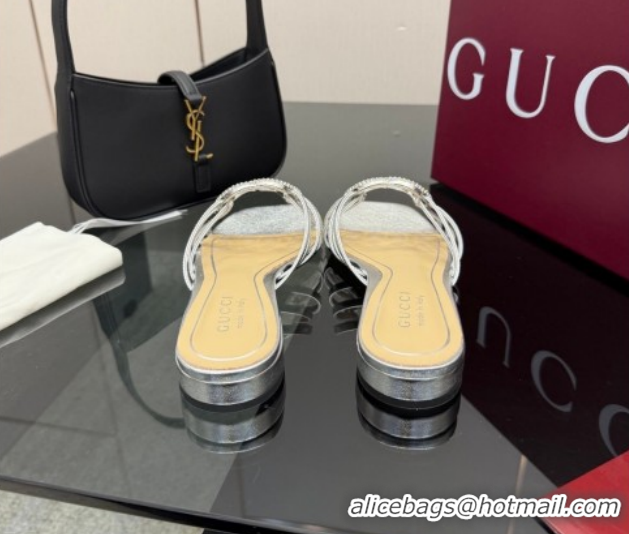 Discount Gucci Metallic Leather Flat Slides Sandal with Strass Interlocking G 8523570 Silver 2026