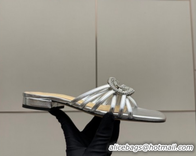 Discount Gucci Metallic Leather Flat Slides Sandal with Strass Interlocking G 8523570 Silver 2026