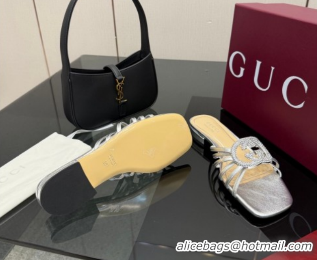 Discount Gucci Metallic Leather Flat Slides Sandal with Strass Interlocking G 8523570 Silver 2026