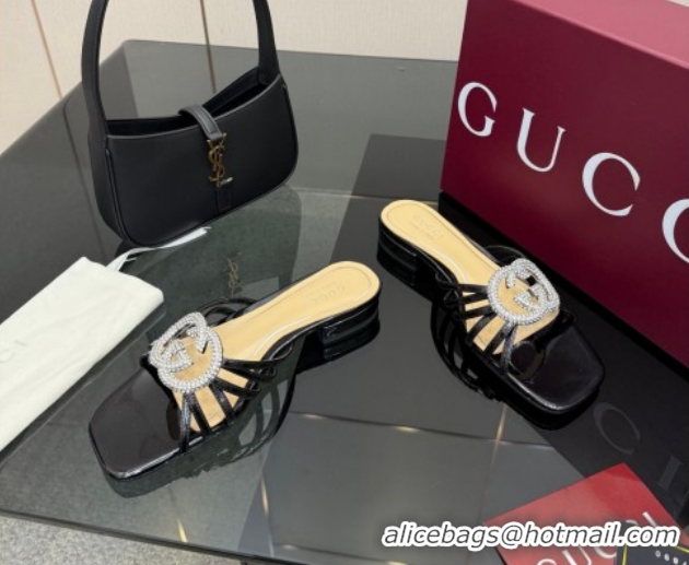 Best Price Gucci Metallic Leather Flat Slides Sandal with Strass Interlocking G 8523570 Black 2026