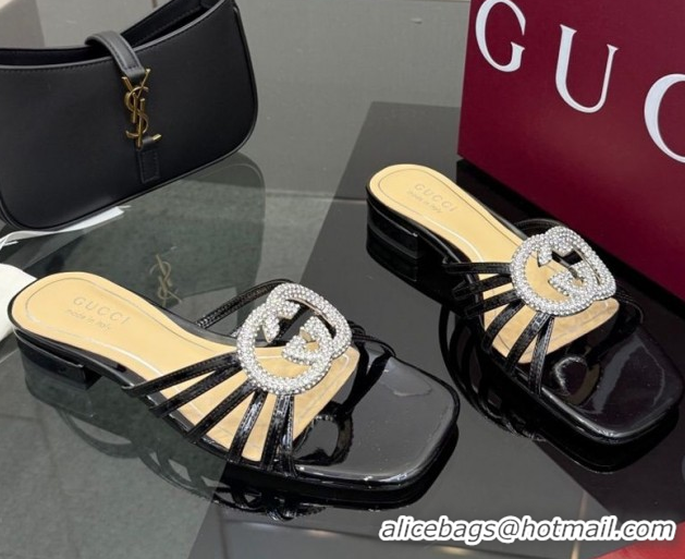 Best Price Gucci Metallic Leather Flat Slides Sandal with Strass Interlocking G 8523570 Black 2026