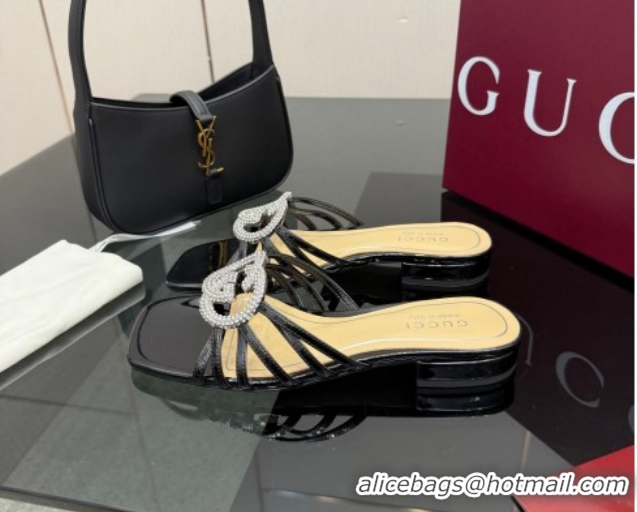 Best Price Gucci Metallic Leather Flat Slides Sandal with Strass Interlocking G 8523570 Black 2026