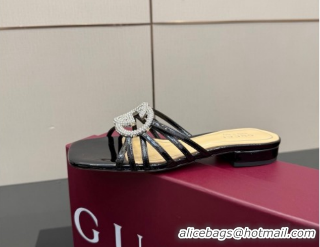 Best Price Gucci Metallic Leather Flat Slides Sandal with Strass Interlocking G 8523570 Black 2026