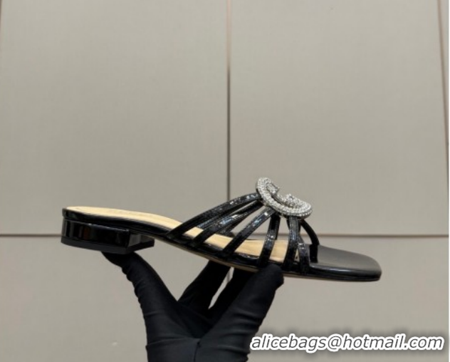 Best Price Gucci Metallic Leather Flat Slides Sandal with Strass Interlocking G 8523570 Black 2026