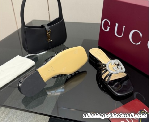 Best Price Gucci Metallic Leather Flat Slides Sandal with Strass Interlocking G 8523570 Black 2026