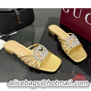 Low Cost Gucci Metallic Leather Flat Slides Sandal with Strass Interlocking G 8523570 Gold 2026