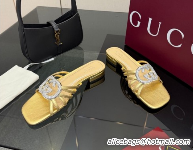 Low Cost Gucci Metallic Leather Flat Slides Sandal with Strass Interlocking G 8523570 Gold 2026