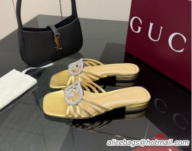 Low Cost Gucci Metallic Leather Flat Slides Sandal with Strass Interlocking G 8523570 Gold 2026