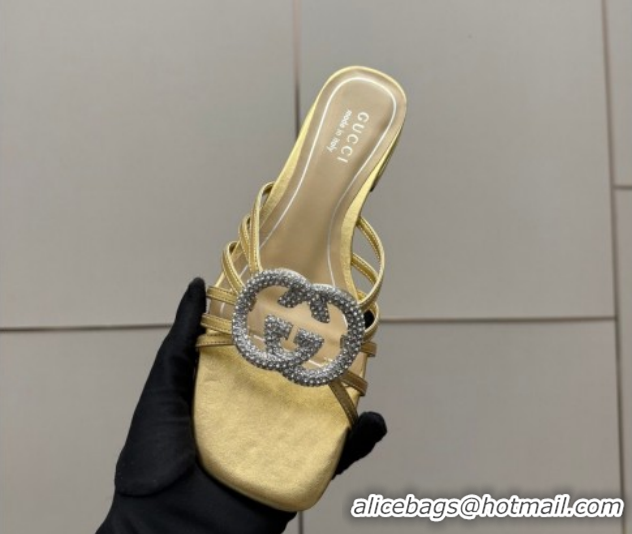 Low Cost Gucci Metallic Leather Flat Slides Sandal with Strass Interlocking G 8523570 Gold 2026
