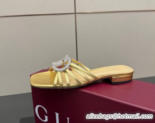 Low Cost Gucci Metallic Leather Flat Slides Sandal with Strass Interlocking G 8523570 Gold 2026
