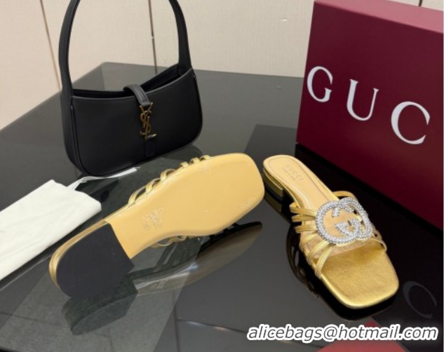 Low Cost Gucci Metallic Leather Flat Slides Sandal with Strass Interlocking G 8523570 Gold 2026