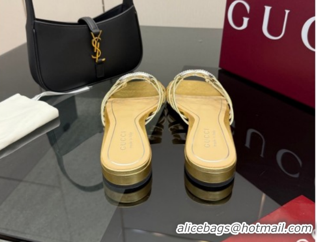 Low Cost Gucci Metallic Leather Flat Slides Sandal with Strass Interlocking G 8523570 Gold 2026