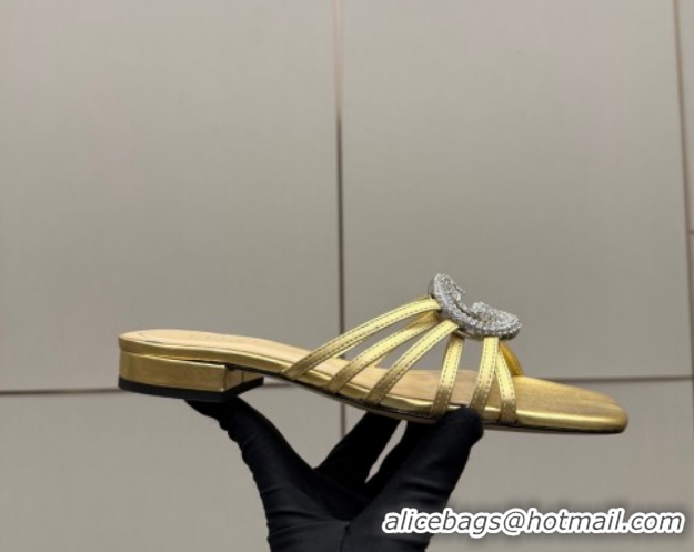 Low Cost Gucci Metallic Leather Flat Slides Sandal with Strass Interlocking G 8523570 Gold 2026