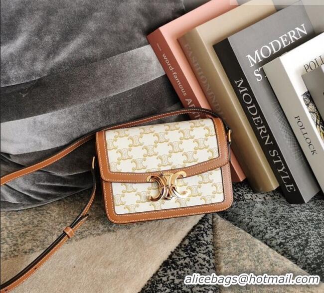 Luxury Cheap Celine Teen Triomphe Bag in Canvas and Calfskin Leather 188423 White 2026