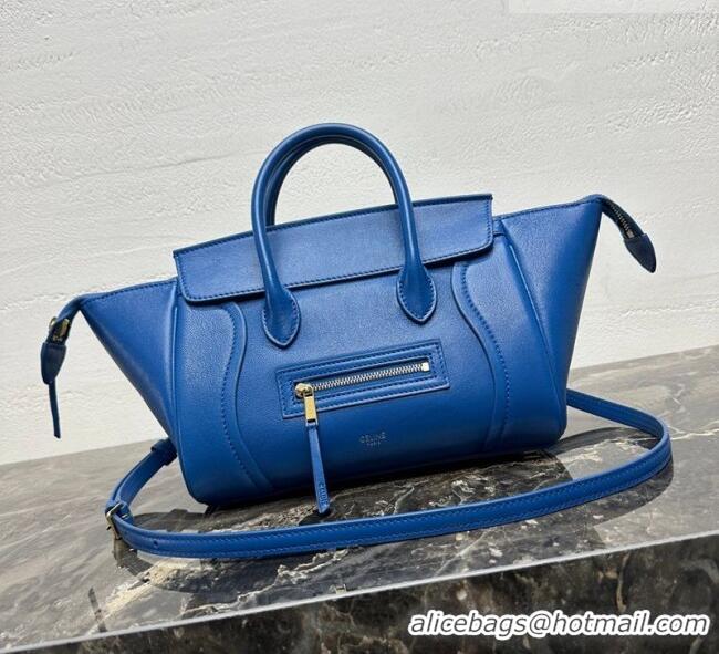 Best Quality Celine Small New Luggage in Supple Shiny Lambskin 124213 Oxide Blue 2025