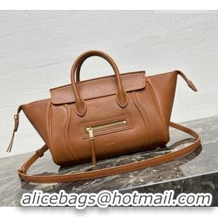 Luxury Cheap Celine Small New Luggage in Supple Shiny Lambskin 124213 Tan Brown 2025