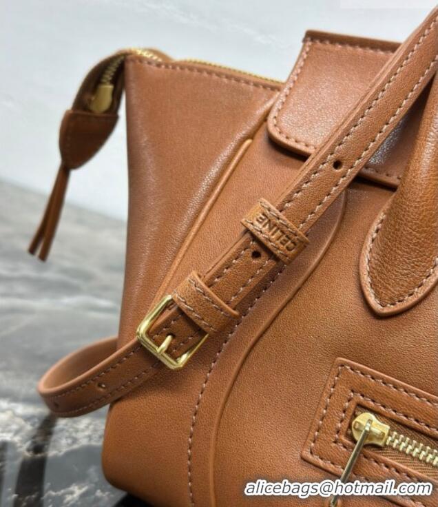 Luxury Cheap Celine Small New Luggage in Supple Shiny Lambskin 124213 Tan Brown 2025