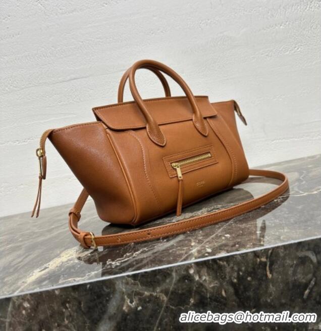 Luxury Cheap Celine Small New Luggage in Supple Shiny Lambskin 124213 Tan Brown 2025