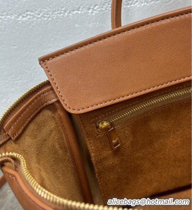 Luxury Cheap Celine Small New Luggage in Supple Shiny Lambskin 124213 Tan Brown 2025