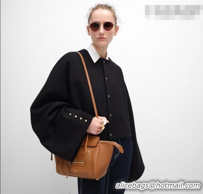 Luxury Cheap Celine Small New Luggage in Supple Shiny Lambskin 124213 Tan Brown 2025