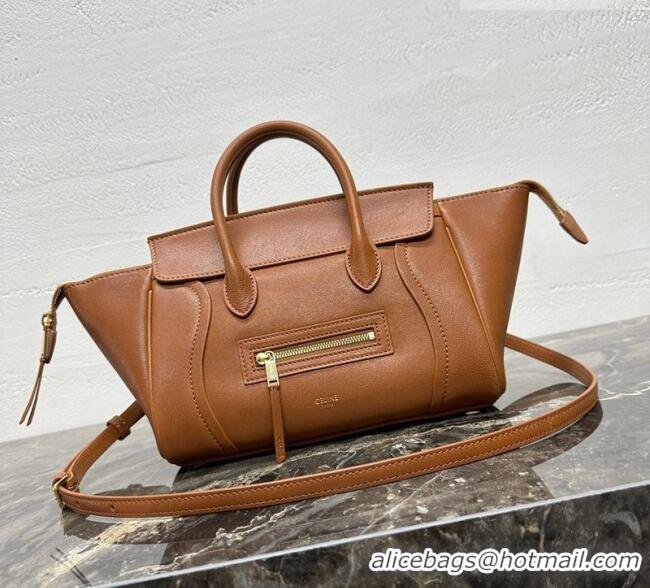 Luxury Cheap Celine Small New Luggage in Supple Shiny Lambskin 124213 Tan Brown 2025