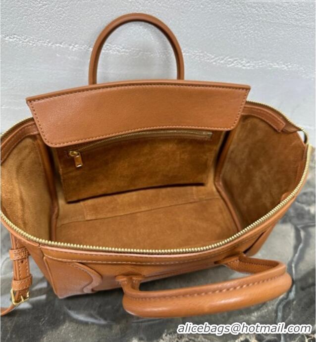 Luxury Cheap Celine Small New Luggage in Supple Shiny Lambskin 124213 Tan Brown 2025