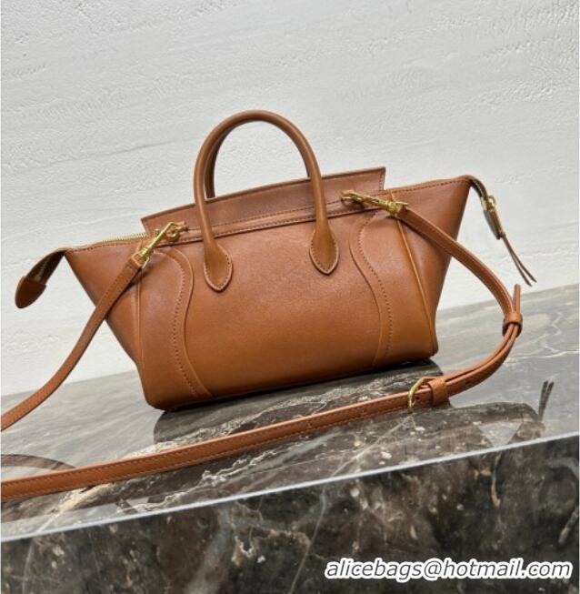 Luxury Cheap Celine Small New Luggage in Supple Shiny Lambskin 124213 Tan Brown 2025