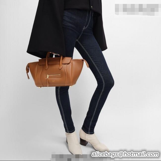 Luxury Cheap Celine Small New Luggage in Supple Shiny Lambskin 124213 Tan Brown 2025