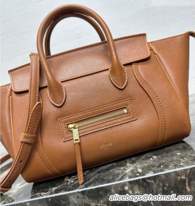 Luxury Cheap Celine Small New Luggage in Supple Shiny Lambskin 124213 Tan Brown 2025