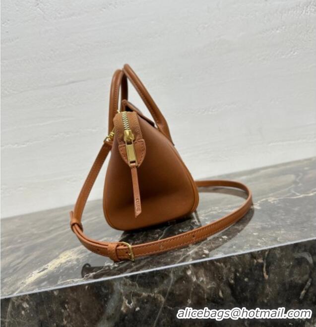 Luxury Cheap Celine Small New Luggage in Supple Shiny Lambskin 124213 Tan Brown 2025