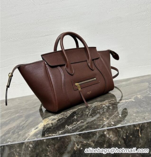 Famous Brand Celine Small New Luggage in Supple Shiny Lambskin 124213 Burgundy 2025