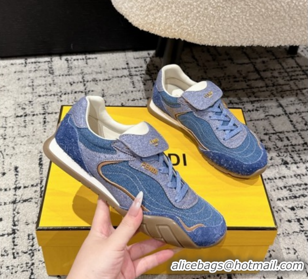 Pretty Style Fendi Wave Pulse Low-tops Sneakers in Blue Denim and Suede 1216067 2026