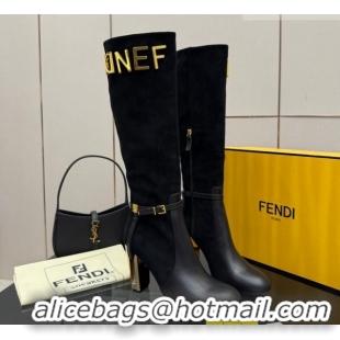 Popular Style Fendi Delfina Heel High Boots 10.5cm in Suede and Calfskin Leather Black FE121601 2026