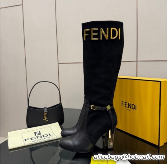 Popular Style Fendi Delfina Heel High Boots 10.5cm in Suede and Calfskin Leather Black FE121601 2026