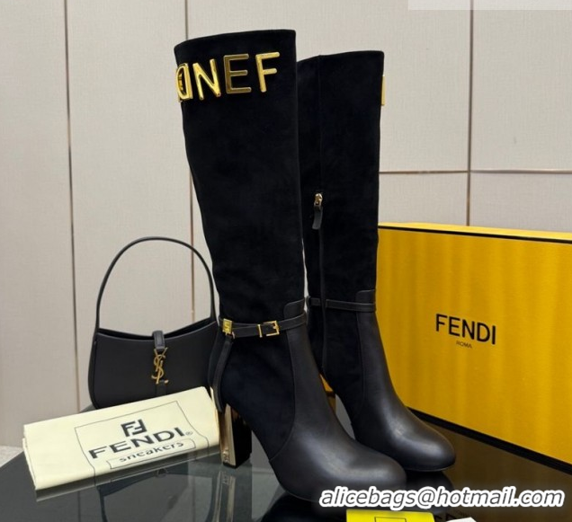 Popular Style Fendi Delfina Heel High Boots 10.5cm in Suede and Calfskin Leather Black FE121601 2026