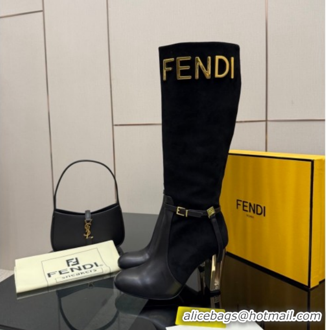 Popular Style Fendi Delfina Heel High Boots 10.5cm in Suede and Calfskin Leather Black FE121601 2026