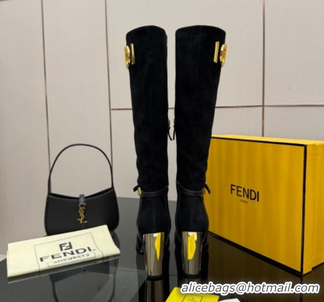 Popular Style Fendi Delfina Heel High Boots 10.5cm in Suede and Calfskin Leather Black FE121601 2026