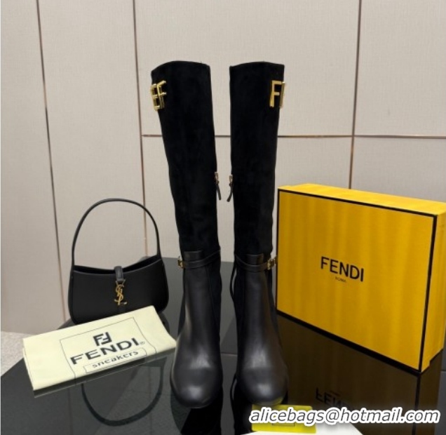 Popular Style Fendi Delfina Heel High Boots 10.5cm in Suede and Calfskin Leather Black FE121601 2026