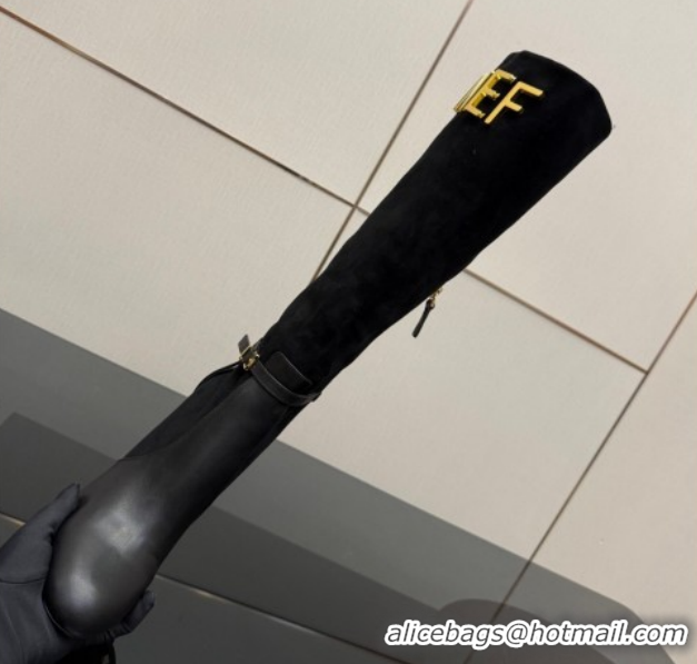 Popular Style Fendi Delfina Heel High Boots 10.5cm in Suede and Calfskin Leather Black FE121601 2026