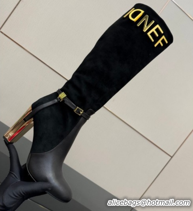 Popular Style Fendi Delfina Heel High Boots 10.5cm in Suede and Calfskin Leather Black FE121601 2026