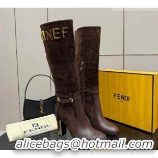 Good Quality Fendi Delfina Heel High Boots 10.5cm in Suede and Calfskin Leather Brown FE121601 2026