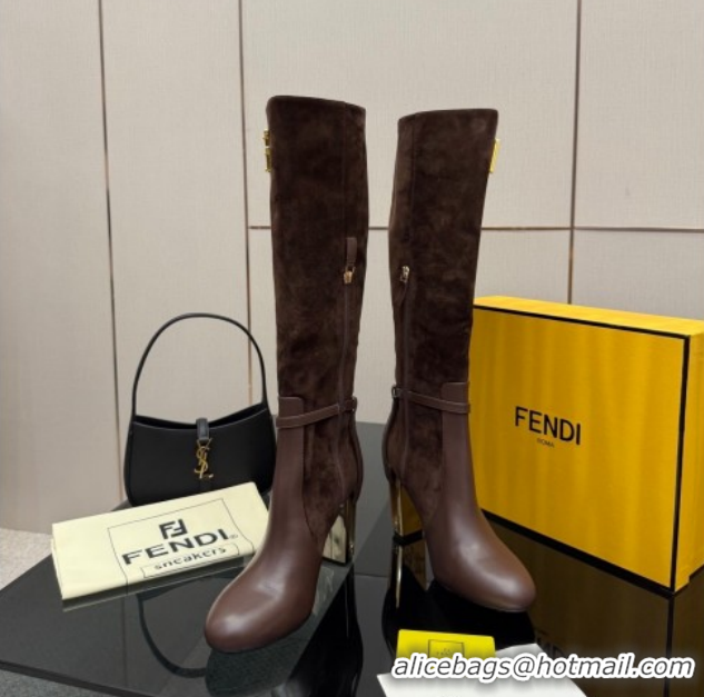 Good Quality Fendi Delfina Heel High Boots 10.5cm in Suede and Calfskin Leather Brown FE121601 2026