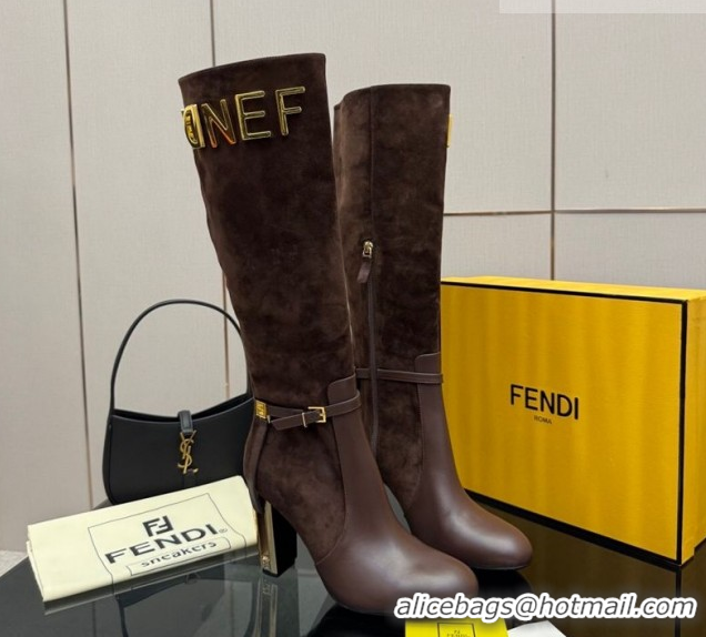 Good Quality Fendi Delfina Heel High Boots 10.5cm in Suede and Calfskin Leather Brown FE121601 2026