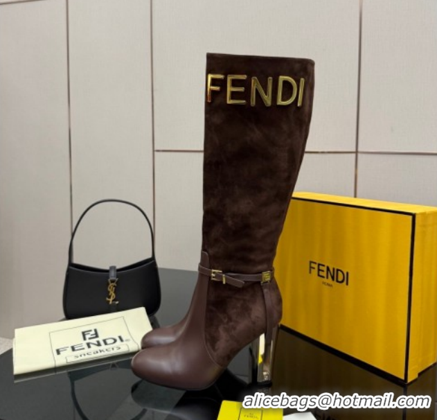 Good Quality Fendi Delfina Heel High Boots 10.5cm in Suede and Calfskin Leather Brown FE121601 2026