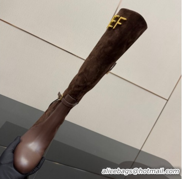 Good Quality Fendi Delfina Heel High Boots 10.5cm in Suede and Calfskin Leather Brown FE121601 2026